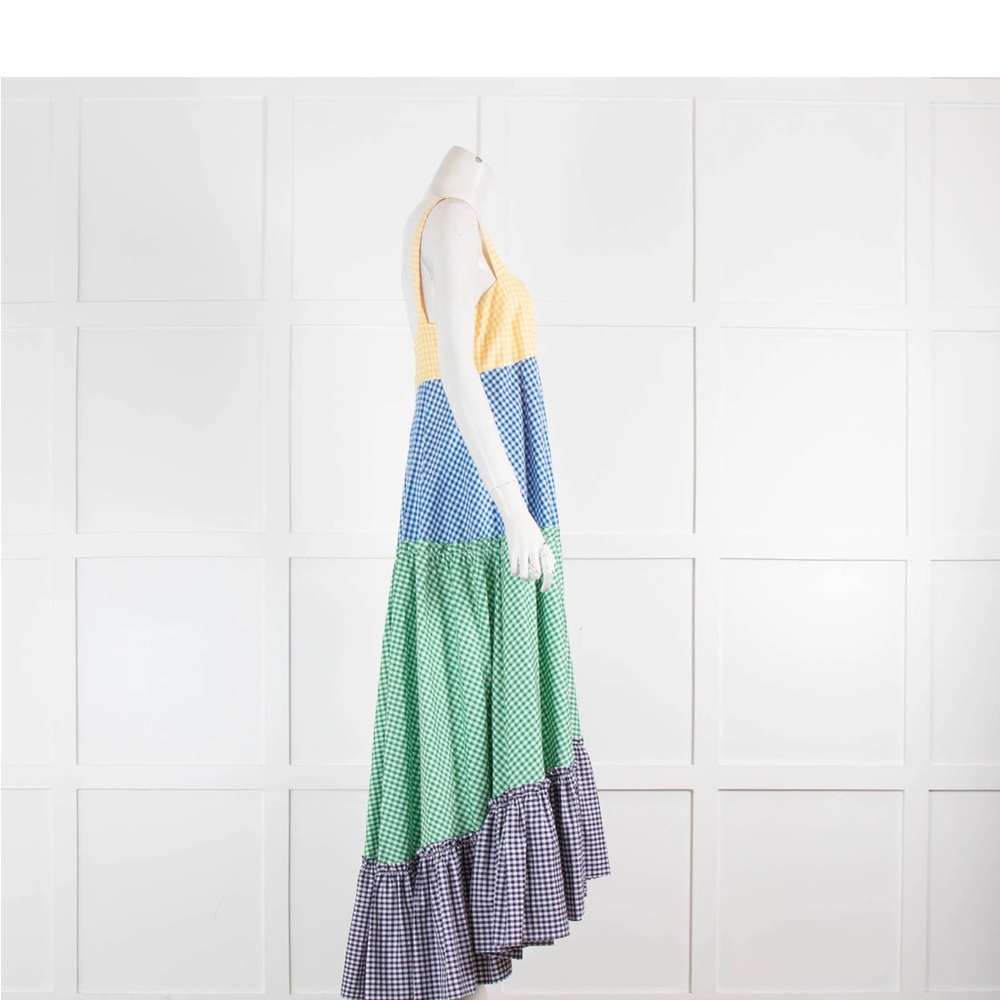 MDS Stripes Yellow Blue Green Gingham Tiered Maxi Dress 4 - Picture 8 of 16